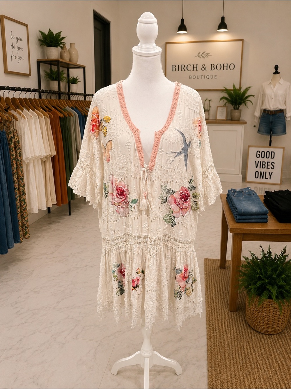 Gypsy Queen Beaded Lace Floral Boho Tunic Top M/L Cottagecore Romantic
